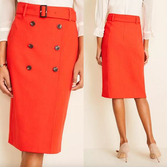 NEW Ann Taylor Women's Trench Pencil Red Belted Button Skirt Size 12 - Picture 1 of 11